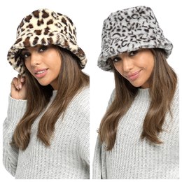 GL1058 Ladies Faux Fur Animal Print Bucket Hat