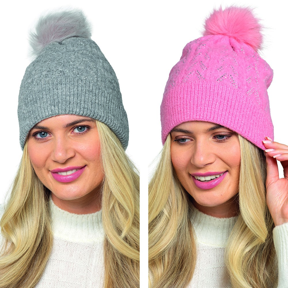 GL1156 Ladies Cable Knit Hat with Diamante & Pom Pom