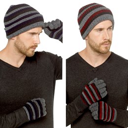 GL1179 Mens Twist Yarn Stripe Knitted Hat & Glove Set