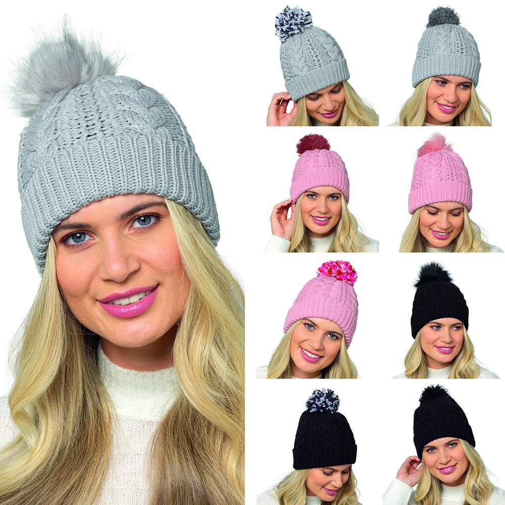 GL1180 Ladies' Cable Hat With 3 Detachable Pompoms