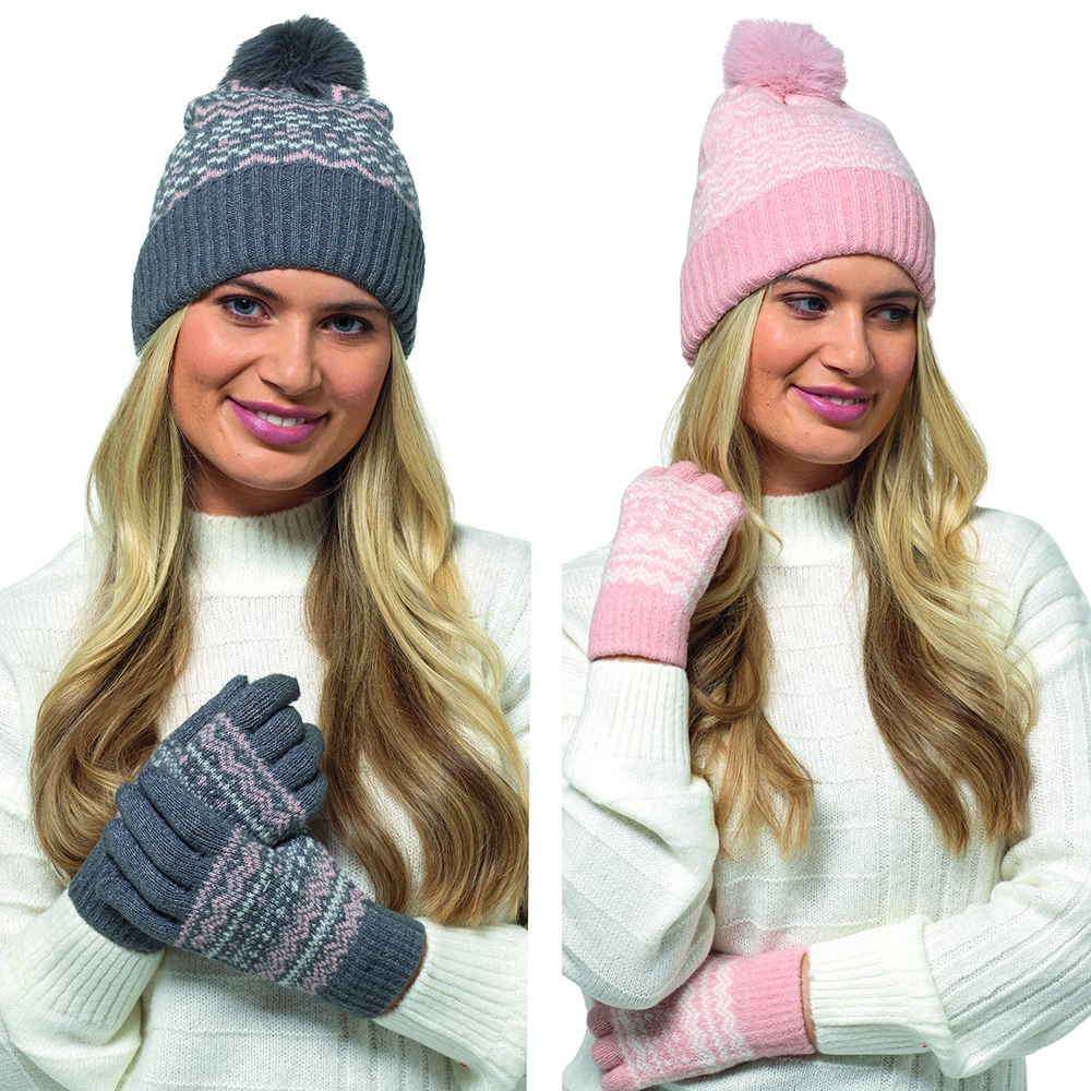 GL1188 Ladies Fairisle Knited Hats & Gloves Sets with pompom