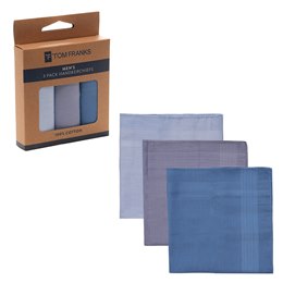 HK037 Mens 3pk Blues 100% Cotton Hankies - Brown Box