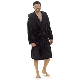 HT008A Mens Hooded Flannel Fleece Dressing Gown with Sherpa Lining - Black