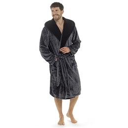 HT009A Mens Hooded Flannel Fleece Dressing Gown with Sherpa Lining - Grey