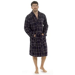 HT027 Mens Check Fleece Dressing Gown with Shawl Collar - Navy Check