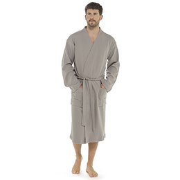 HT035 Mens Textured Knitted Waffle Wrap Dressing Gown - Grey