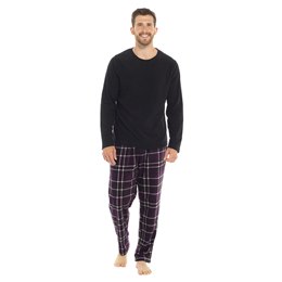 HT177STL Mens Micro Fleece PJ Set - Black Top/Check Pants - Large