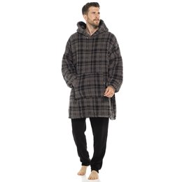 HT257HAB Mens Sherpa Snuggle Check Hoodie - Grey Check - One Size