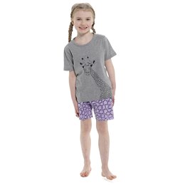 LN017 Kids Foxbury Giraffe Print Top & Short PJ Set - Grey/Pink -