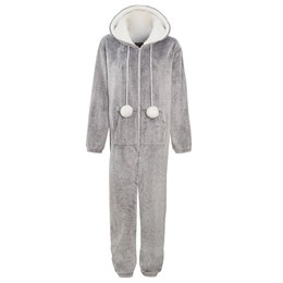 LN1516HABGY1214 Ladies Onesie Reverse Fabric with Sherpa Trim Hood & Cuffs - Grey - 12/14