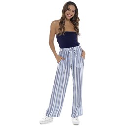 LN1533 Ladies Indigo Roc Blue Striped Linen Blend Elasticated Pants