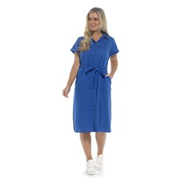 LN347 Ladies Linen Blend Button Through Short Sleeve Dress in Bright Blue