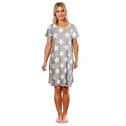 LN378 Ladies Jersey Cotton Short Sleeve Star Print Nightie - Grey Marl