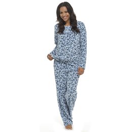 LN404 Ladies Soft Touch Polar Fleece Classic PJs with Button Placket - Blue Print