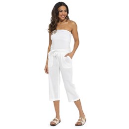 LN584AWH14 Ladies Ribbed Back Linen Blend Cropped Trouser - White - SIZE 14