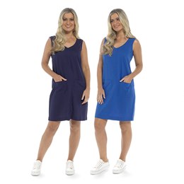 LN760A Ladies Linen Blend V Neck Dress with Patch Pocket in Navy & Bright Blue