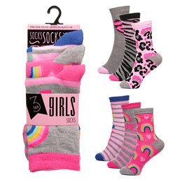 SK1199 Girls 3 Pack Design Socks - Rainbow & Animal Designs