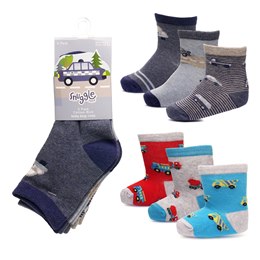 SK1203 Baby Boys 3 Pack Cars/Trucks Design Socks - Assorted Sizes