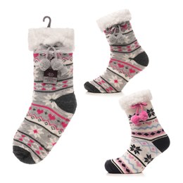 SK1268 Ladies 1pr Fairlise Lounge Socks with Pompom & Gripper With Ribbon