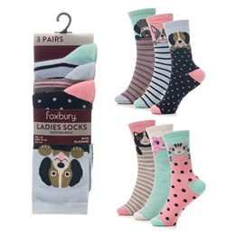 SK1269 Ladies 3pk Animal Cat & Dog Design Socks